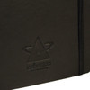 A black soft bound journal with an elastic closure and a logo embossed on the cover.