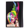 A black soft bound journal with a vibrant, multi-coloured hair design and a branding logo.