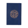 A navy blue soft bound journal featuring a decorative circle design and an elastic closure.
