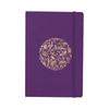 A purple bound journal featuring a decorative circular design and an elastic band closure.