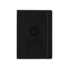 A large black bound journal with an elastic closure, featuring a logo on the cover.