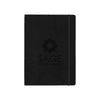 A large black bound journal with an elastic closure, featuring a logo on the cover.
