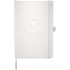 A white Nova Bound JournalBook with an embossed logo and a ribbon bookmark.