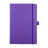 A purple journal with a textured cover, featuring a band closure and a small logo on the front.