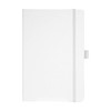 A white journal notebook with a flexible cover and an elastic closure, featuring a logo on the front.