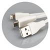 A rectangular bamboo charging cable key ring in white with USB and Lightning connectors. Features a logo.