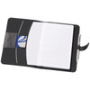 A5 journal cover in black with an internal notepad, pen, and a card slot. Includes a logo on the interior.