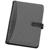A5 journal cover in grey fabric with black leather accents and a fastening button. Features a logo on the cover.