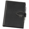 A5 journal cover in black leather with a pen attached, featuring stitching details and a clasp closure.