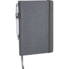A grey notebook with a textured cover, elastic band, and a pen attached, featuring a ribbon bookmark.