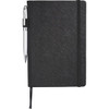 A black journal with a textured cover, featuring an elastic band and a silver pen clipped to the side.