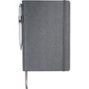 A grey journal notebook with a pen attached and a ribbon bookmark. It features an elastic closure and a logo.