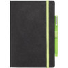 A bound journal with a black cover and a green pen attached, featuring a contrasting green elastic band.
