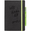 A black journal with a textured cover and a neon green pen attached by an elastic band. It features an embossed design.