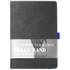 A black bound journal with a blue ribbon bookmark and a removable belly band for customisation.