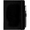 A black hardbound journal with an elastic band and a pen holder attached. It features a logo.