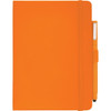 An orange hard-bound journal with an elastic band and a pen attached. It features a logo on the cover.