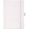 A white hard-bound journal with an embossed design and a ribbon closure. It features a logo on the cover.