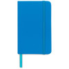 A blue pocket notebook with a textured cover, an elastic band, and a matching ribbon bookmark.