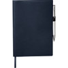 A navy refillable journal with a sleek cover and a pen attached, featuring an elastic pen loop and ribbon bookmark.
