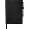 A black refillable journal book with a pen attached, featuring a sleek cover and a ribbon bookmark.