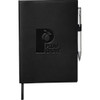 A black refillable journal with a pen attached, featuring an embossed logo on the cover.