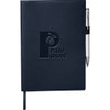 A navy refillable journal with a logo and an elastic pen holder featuring a silver pen.