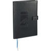 A black leather refillable journal with a clasp and a blue ribbon bookmark, featuring a branded logo.