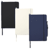 Three hard-bound journals in black, white, and navy, each featuring an elastic closure and ribbon bookmark.