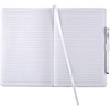 A large hard-bound journal in white with lined pages, a ribbon placeholder, and a pen holder.