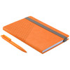 An orange notebook with a textured design and a matching orange pen. The notebook features an elastic band closure.