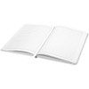 An A5 hard cover notebook with lined pages, featuring a white cover and a bookmark ribbon.