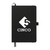 A black journal with a logo and elastic band closure. Features an attached ribbon bookmark.