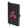 A black leather-bound journal with a logo on the front cover and an elastic band closure.