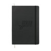 A black softcover notebook with an elastic band and a branding logo on the front.