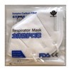 An N95 respirator face mask in white packaging with a logo, featuring carbon fibre material.