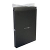 A black notebook packaged in a sleek box, featuring a logo on the front and a plastic protective cover.