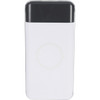 A white and black wireless power bank with a display and a circular charging pad. It also features a logo.