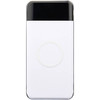 A white wireless power bank with a black top section and a circular charging area, featuring a logo.