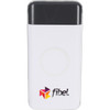 A white wireless power bank with a black top section and a logo, featuring a circular charging area.