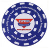 A round blue PVC coaster with white circular patterns and a prominent logo in the centre.