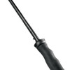A close-up of a golf umbrella handle with a textured black grip and a sleek shaft. The umbrella has a logo on the handle.