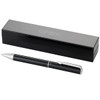 A black metal ballpoint pen with a silver clip, displayed beside its sleek black box.