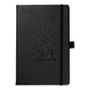 A black A5 journal with a textured cover, featuring an embossed logo and an elastic closure.