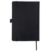A black A5 journal with a textured cover, featuring a logo and a ribbon bookmark.