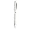 A silver metal ballpoint pen with a sleek design and clip, featuring a branding logo.