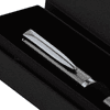 A sleek metallic ballpoint pen in a black gift box, featuring a polished silver clip and a textured grip.
