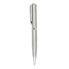 A silver metal ballpoint pen featuring a sleek design and a clip for easy attachment. Includes branding detail.