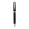 A sleek black pen with a textured grip and a chrome clip, featuring a logo on its body.