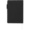 A black notebook with a ribbon bookmark, featuring a sleek design and a clasp closure. Includes a pen.